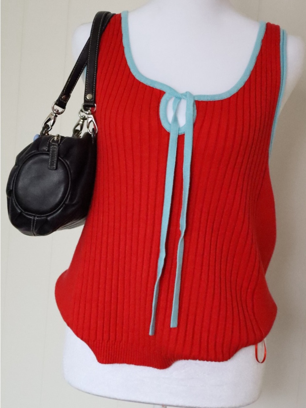 Free People Red Ribbed Tank with Light Blue Trim